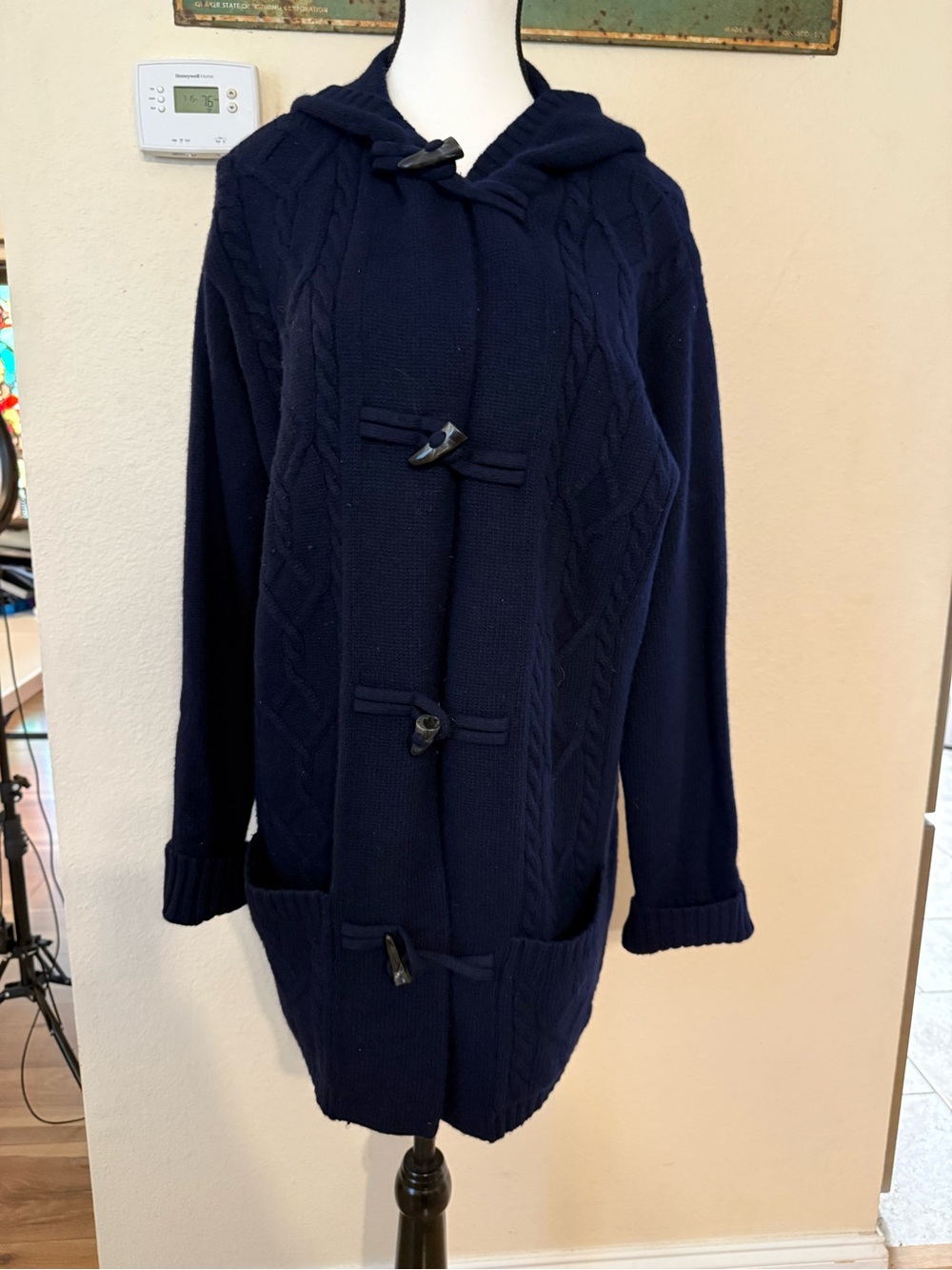 LAUREN Ralph Lauren NAVY BLUE Hooded TOGGLE Cashmere Blend CARDIGAN Sweater L